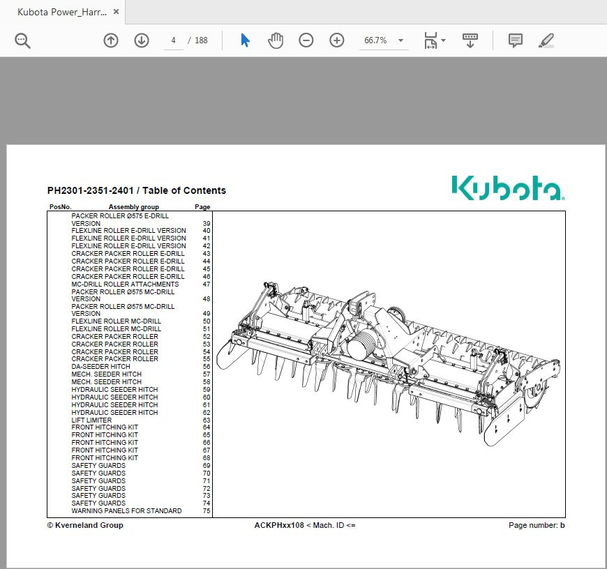 Kubota Power Harrow PH 2301 2351 2401 Parts Manual 3