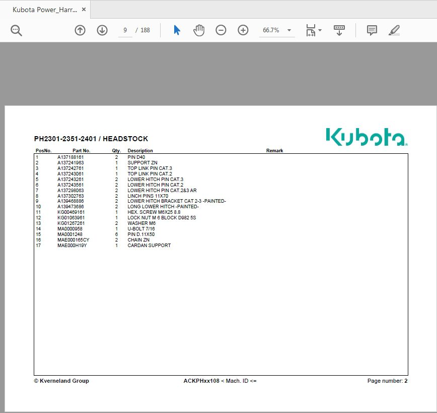 Kubota Power Harrow PH 2301 2351 2401 Parts Manual 5