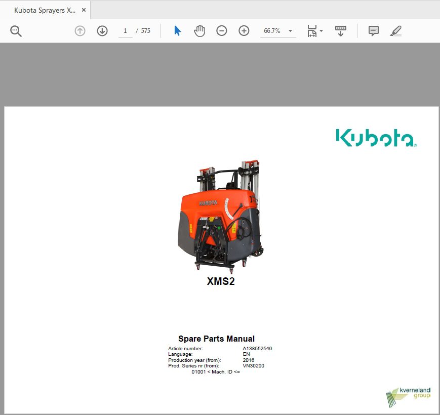 Kubota Sprayers XMS2 Parts Manual 1