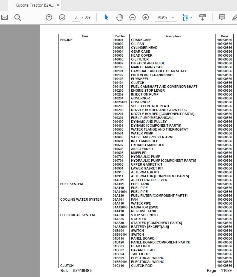 Kubota Tractor B2410HSE Parts Manual 2
