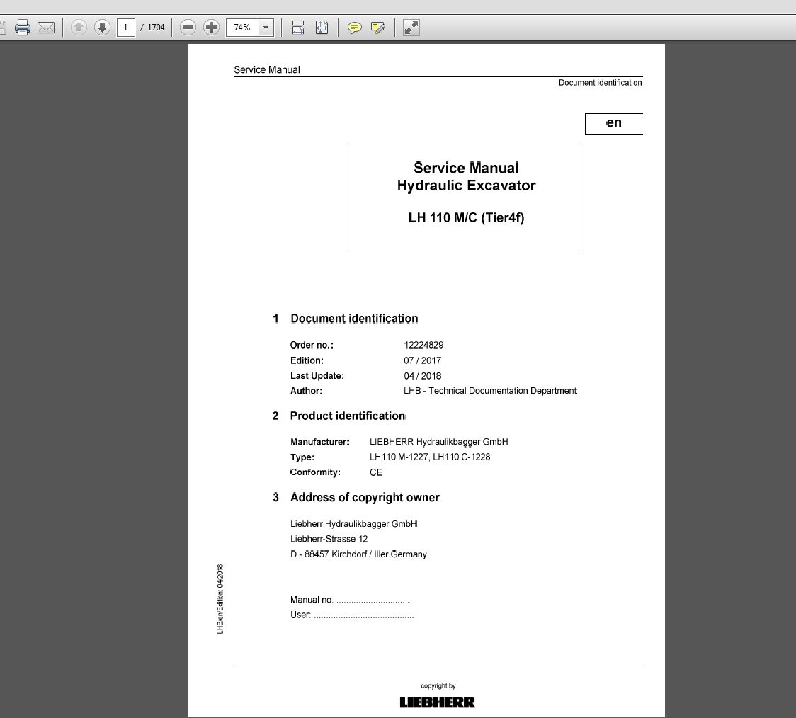 Liebherr Hydraulic Excavator LH 110M 1227 LH 110C 1228 Tier 4F Service Manual 12224829 1