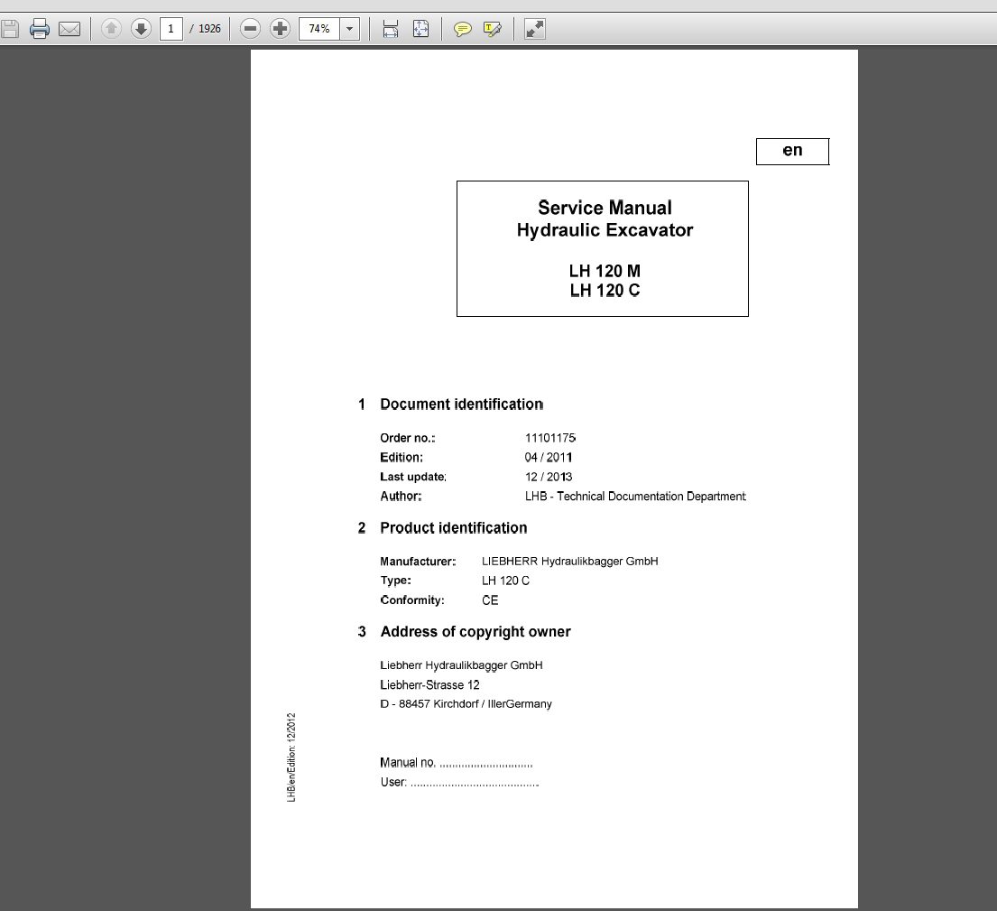 Liebherr Hydraulic Excavator LH 120M C Service Manual 11101175 1
