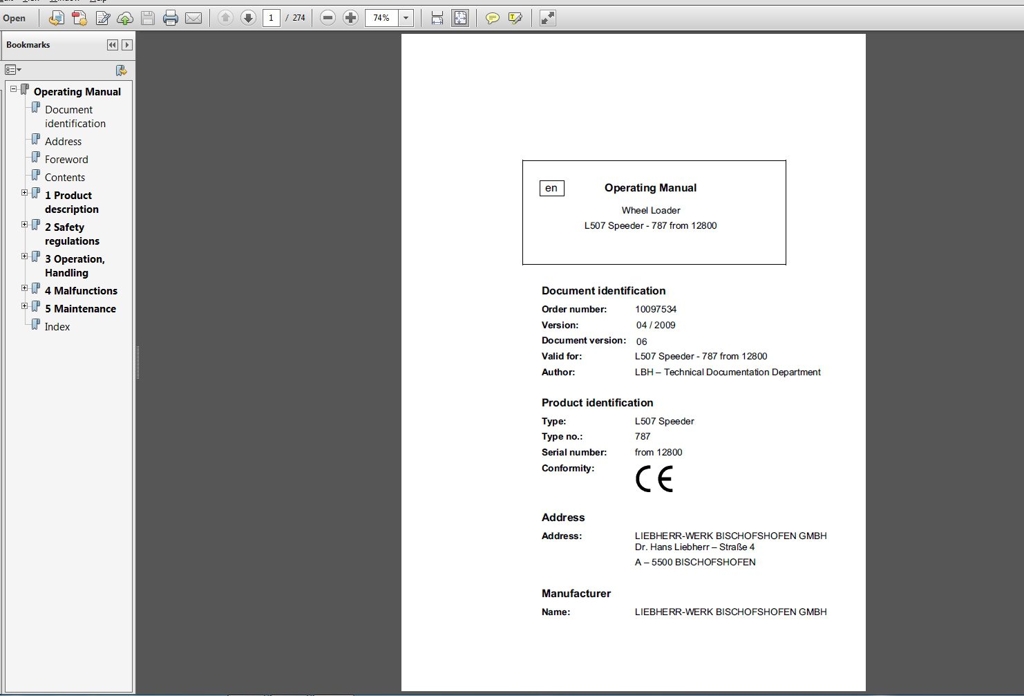 Liebherr Wheel Loader L507 Speeder 787 from 12800 Operating Manual 04 2009 1