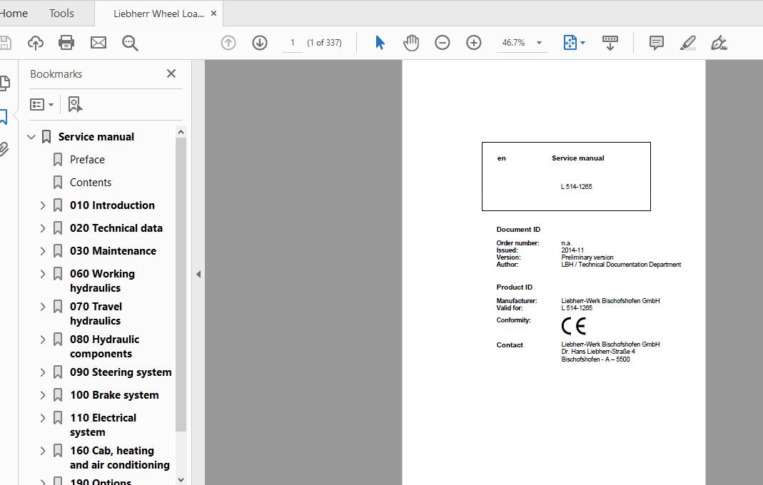 Liebherr Wheel Loader L514 1265 Service Manual 1