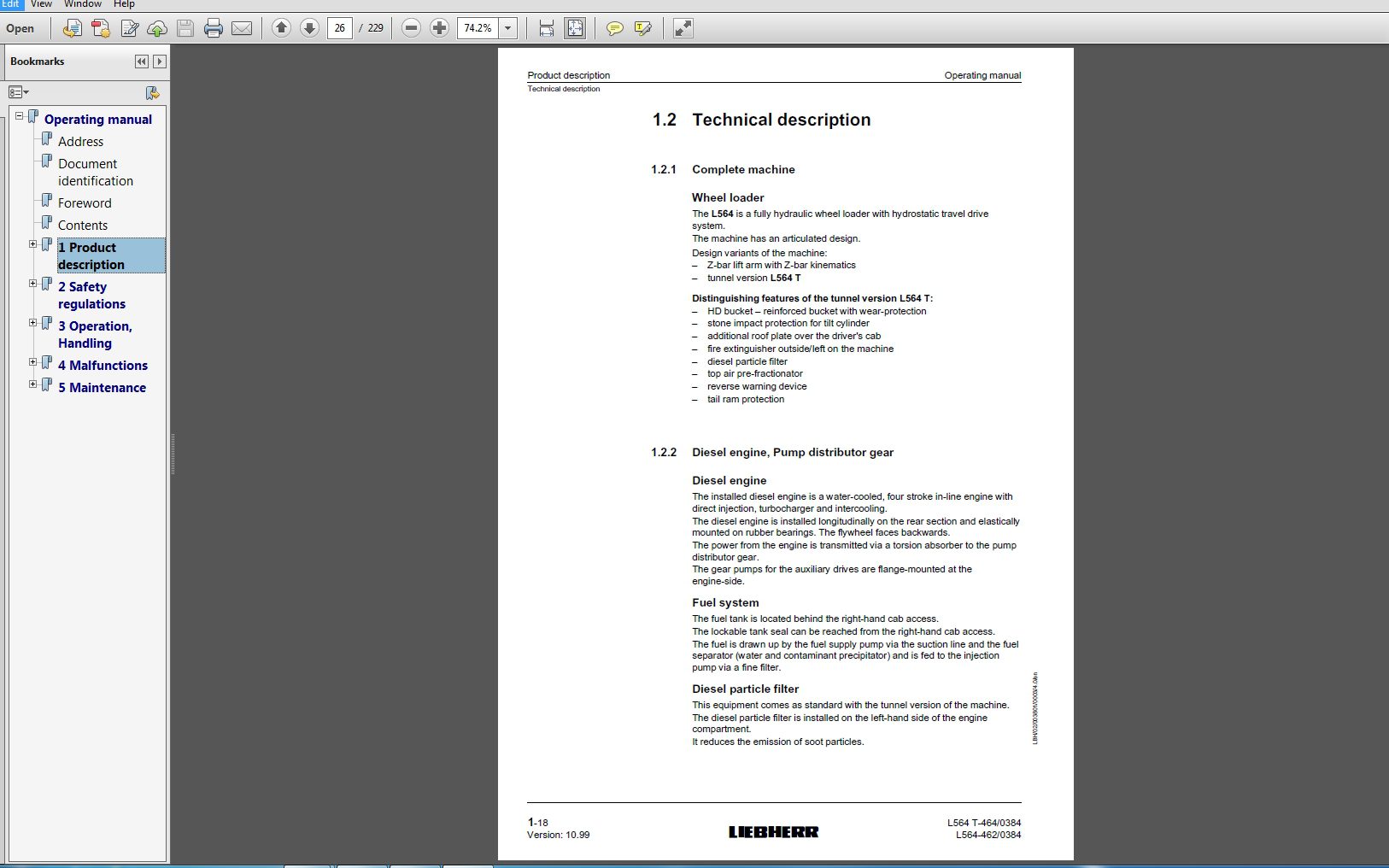 Liebherr Wheel Loader L564 4620384 4640384 Operating Manual 10 1999 2