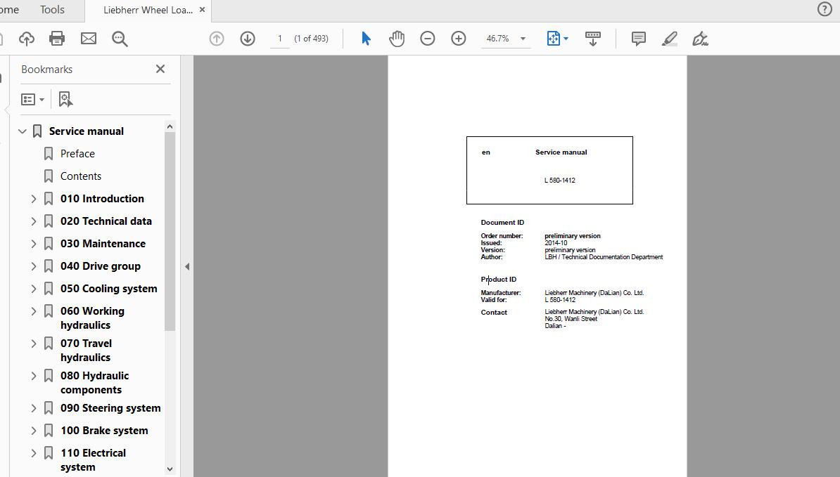 Liebherr Wheel Loader L580 1412 Service Manual 1