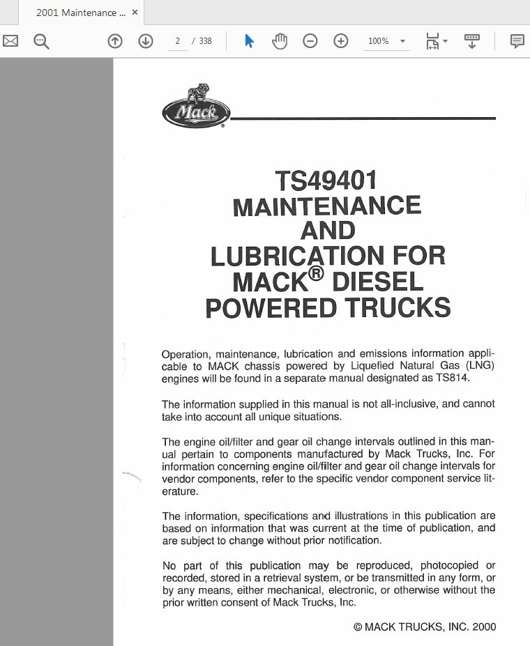 Mack 2001 TS49401 Maintenance and Lubrication Operators Manual 2
