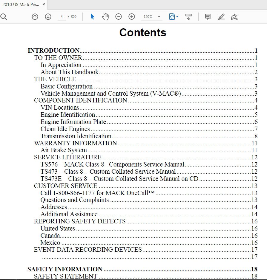 Mack 2010 US Pinnacle Series CXU Series Operators Manual 2
