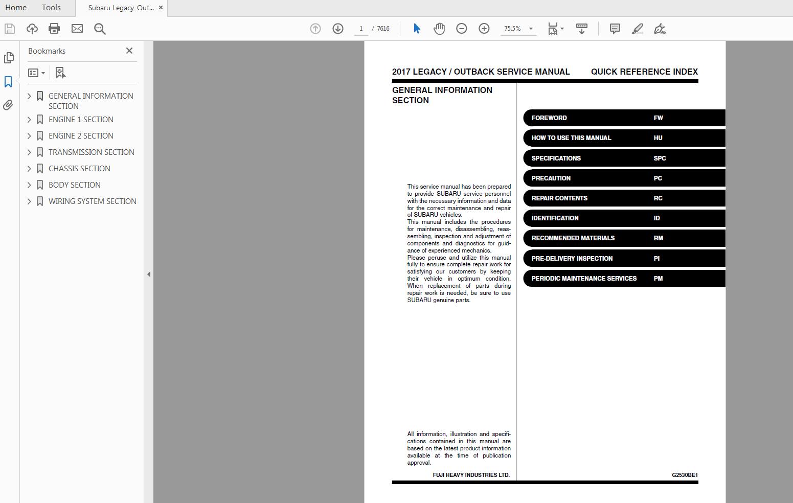 Subaru Legacy Outback 2017 Service Manual G2530BE1 1