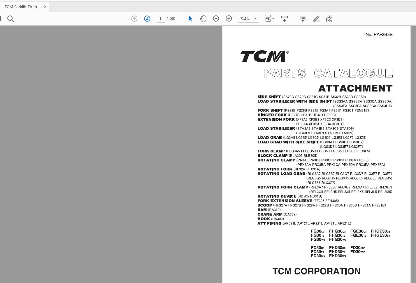TCM Forklift Truck FG30 FHG30 FGE30 FHGE30 FD30 FHD30 Parts Catalog PA 2B8B 1