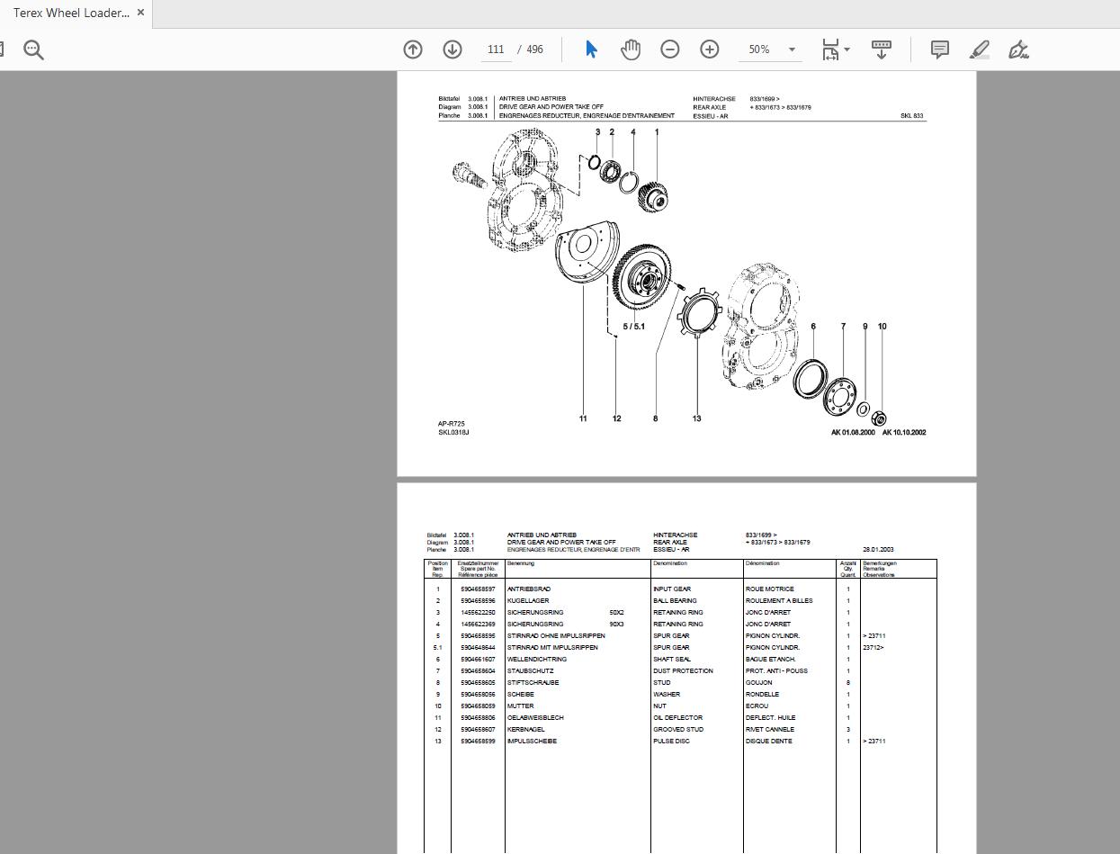 Terex Wheel Loader SKL833 0100 Radlader Parst Catalog 2