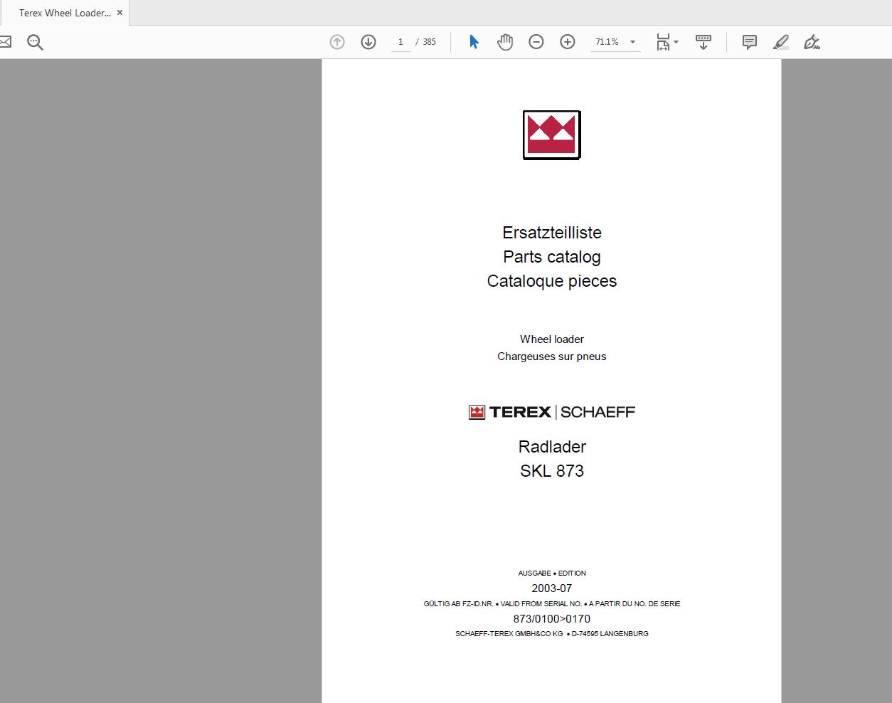 Terex Wheel Loader SKL873 0100 to 0170 Radlader Parts Catalog 1