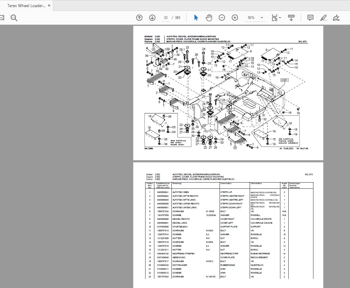 Terex Wheel Loader SKL873 0100 to 0170 Radlader Parts Catalog 2