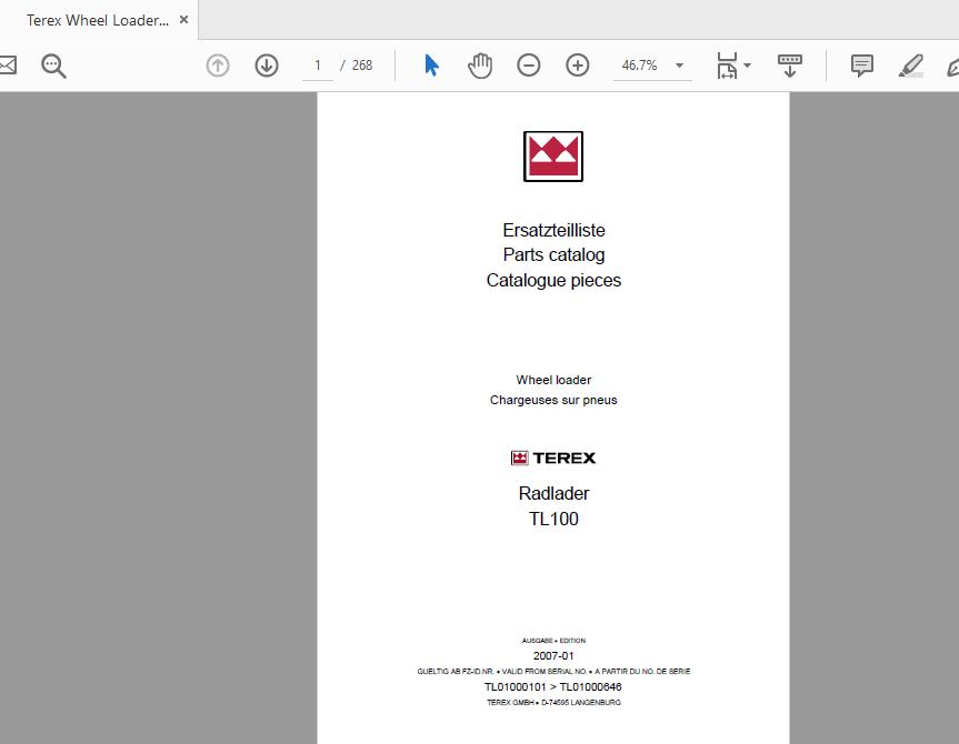 Terex Wheel Loader TL100 0101 to 0646 Radlader Parts Catalog 1