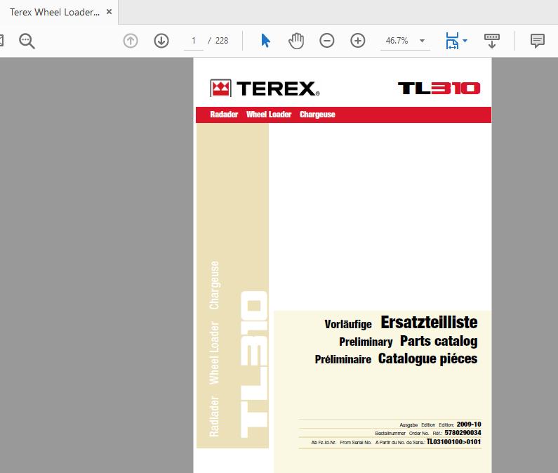 Terex Wheel Loader TL310 0100 to 0101 5780290034 Preliminary Parts Catalog 1