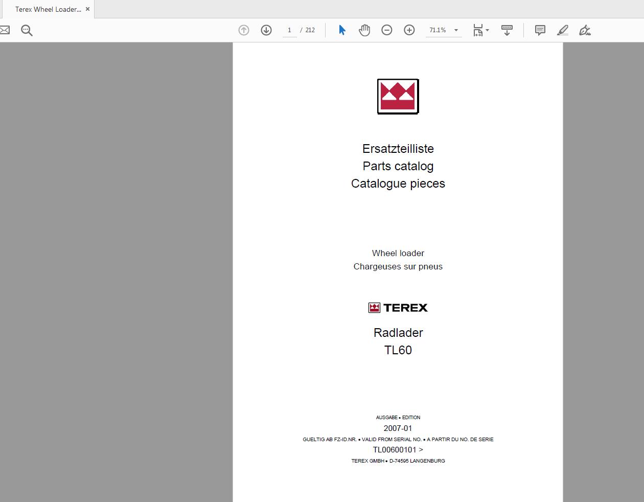 Terex Wheel Loader TL60 0101 Radlader Parts Catalog 1