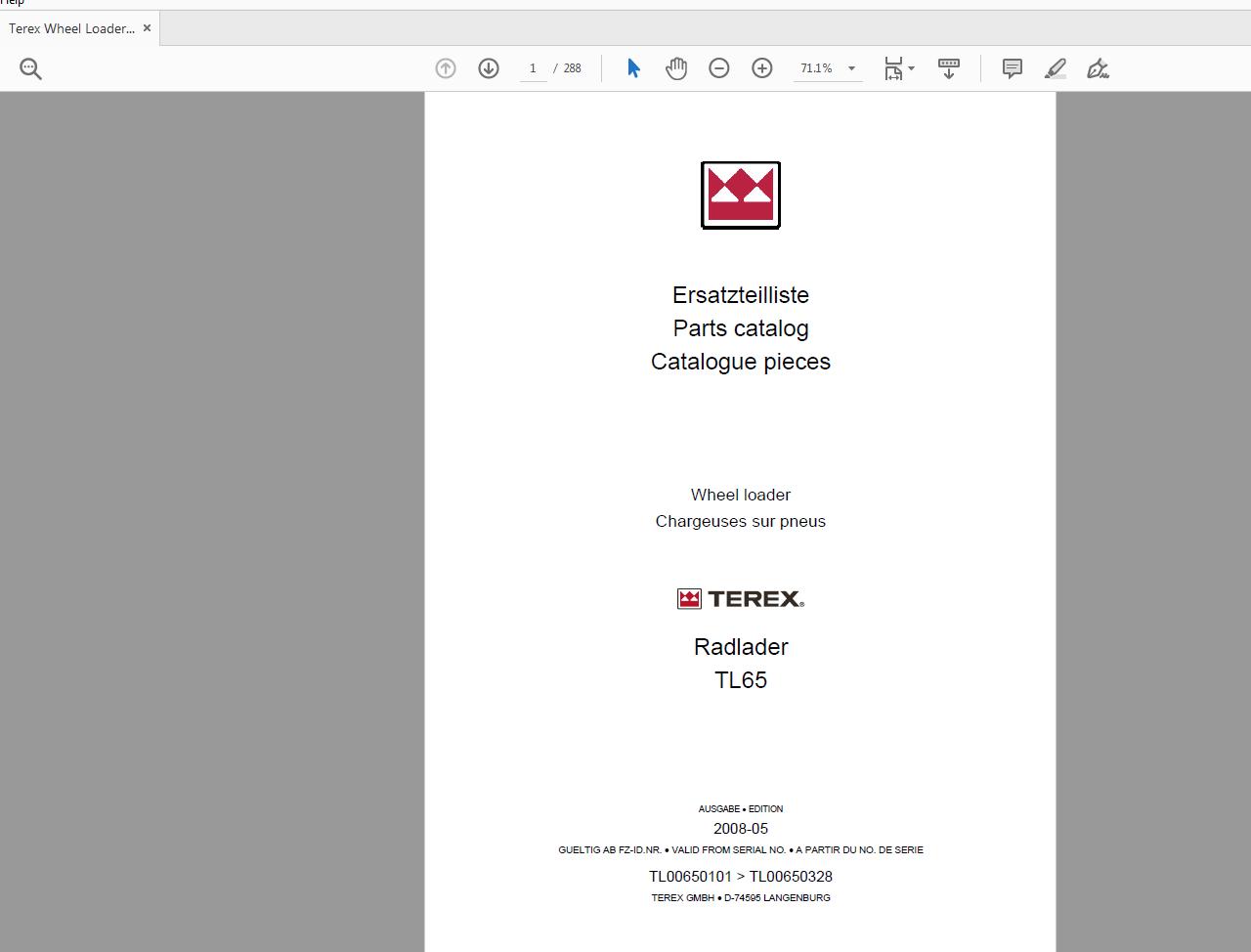 Terex Wheel Loader TL65 0101 to 0328 Radlader Parts Catalog 1