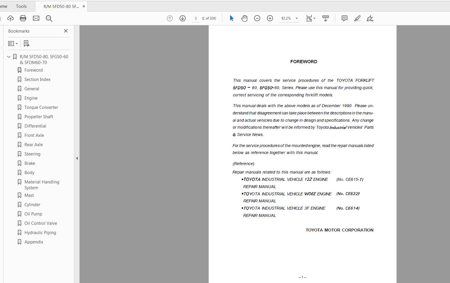 Toyota Forklift 5FD50 80 5FG50 60 5FDM60 70 Series Repair Manual 1