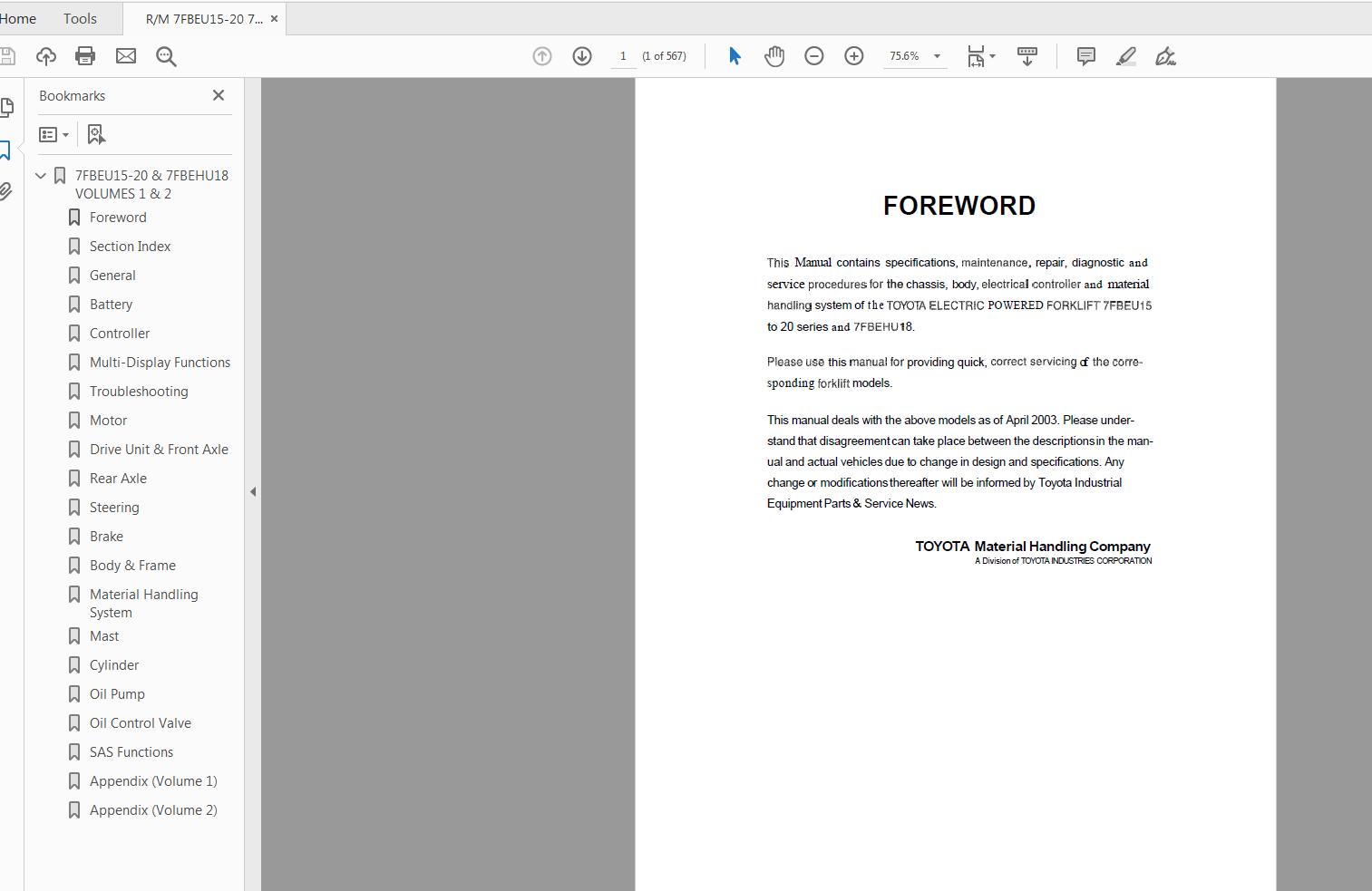 Toyota Forklift 7FBEU15 20 7FBEHU18 Repair Manual CU330 CU331 1
