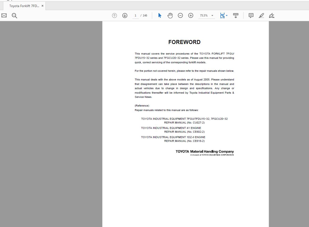 Toyota Forklift 7FDGU15 32 7FGCU20 32 Series Repair Manual CU040 1