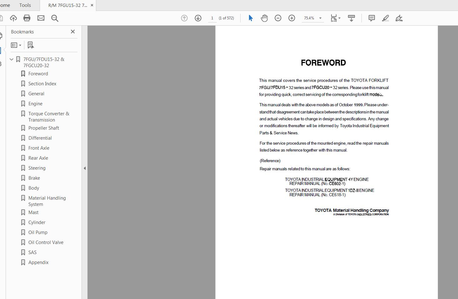 Toyota Forklift 7FDGU15 32 7FGCU20 32 Series Repair Manual CU027 2 1
