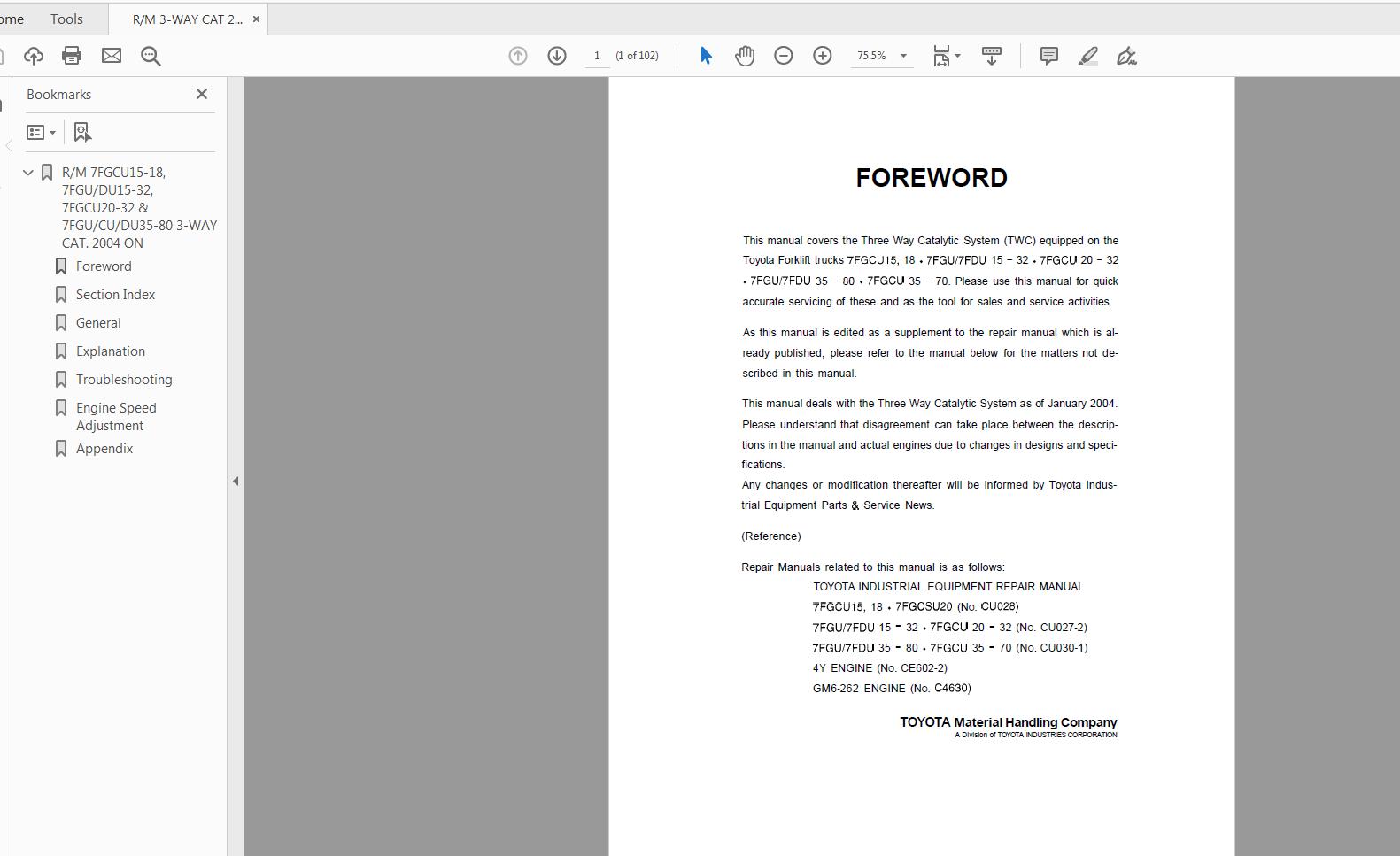 Toyota Forklift 7FGCU15 18 20 32 7FDGU15 32 35 70 35 80 Repair Manual CU643 2 1