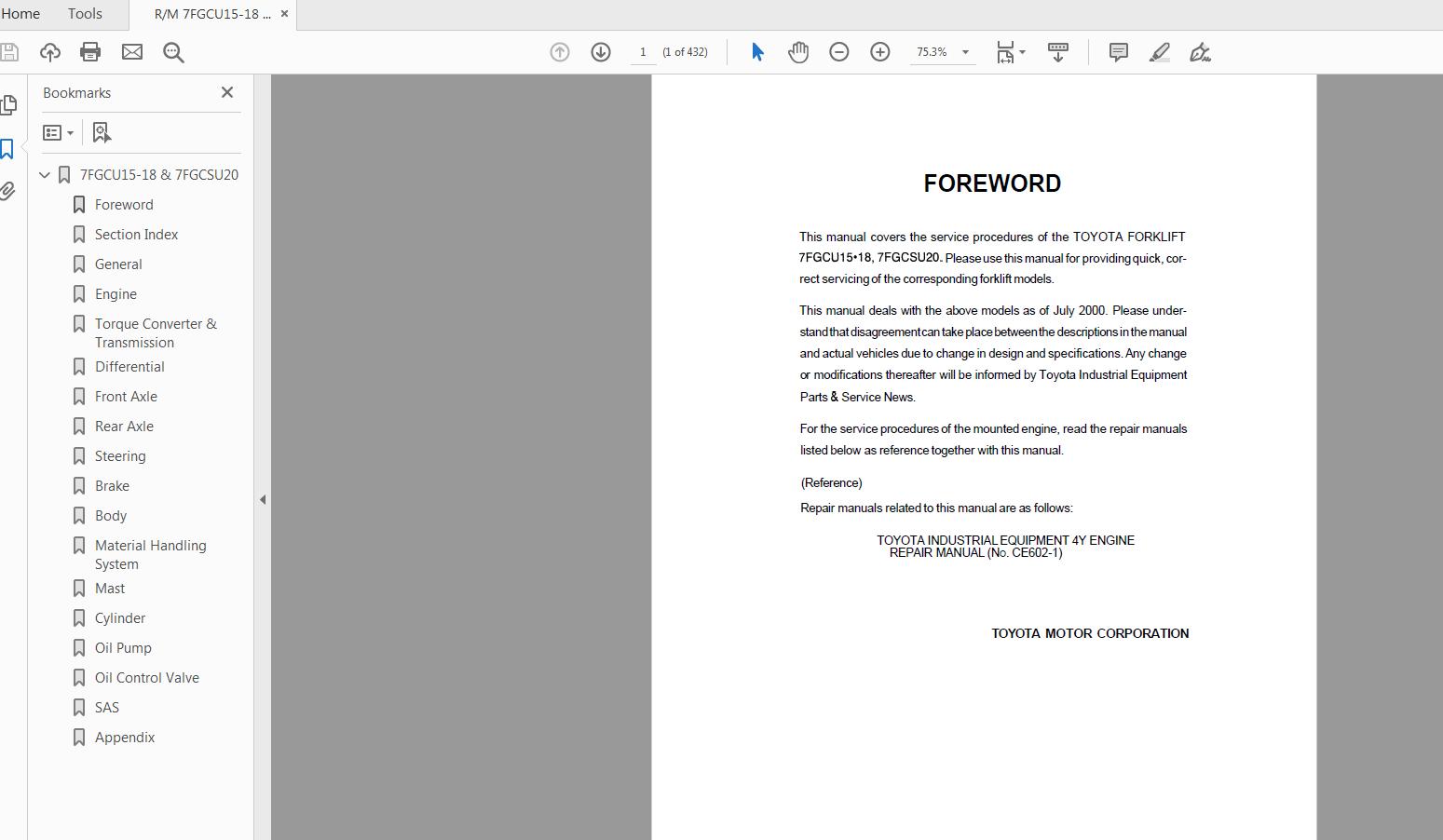 Toyota Forklift 7FGCU15 18 7FGCSU20 Repair Manual CU028 1