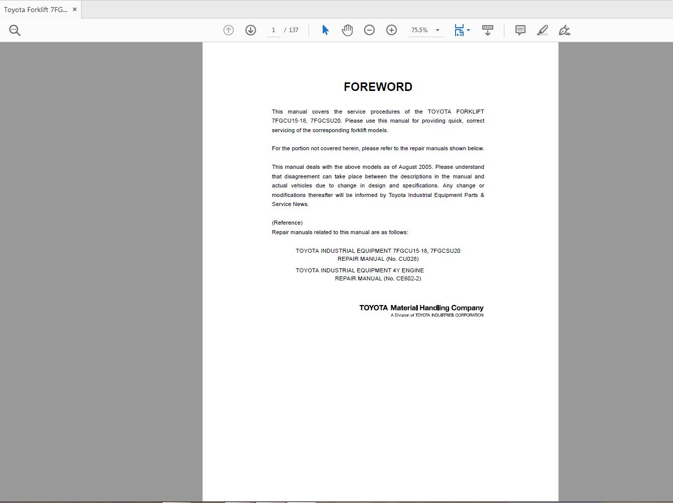 Toyota Forklift 7FGCU15 18 7FGCSU20 Repair Manual CU042 1