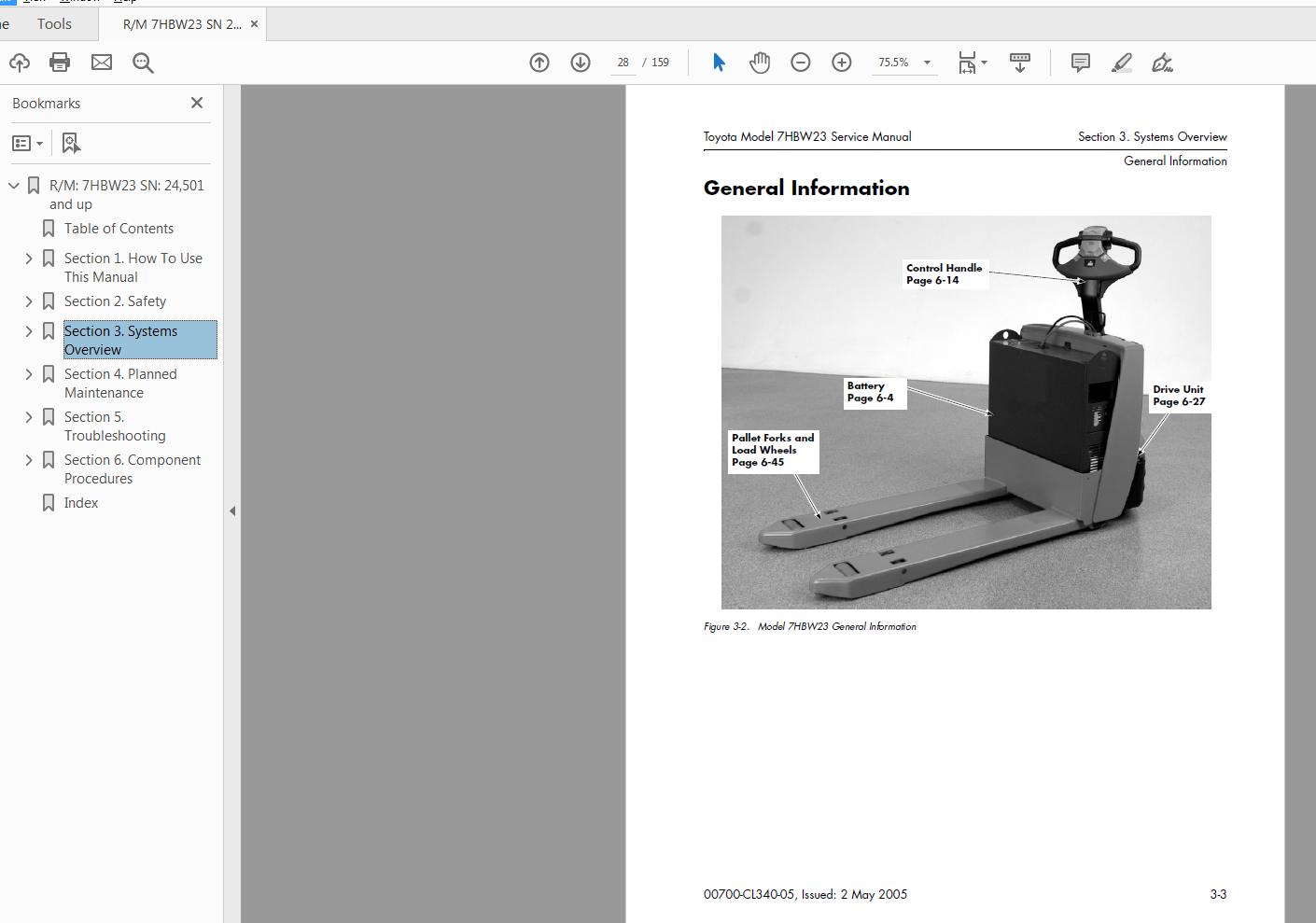 Toyota Powered Pallet Walkie 7HBW23 SN 24501 and up Repair Manual CL340 05 2