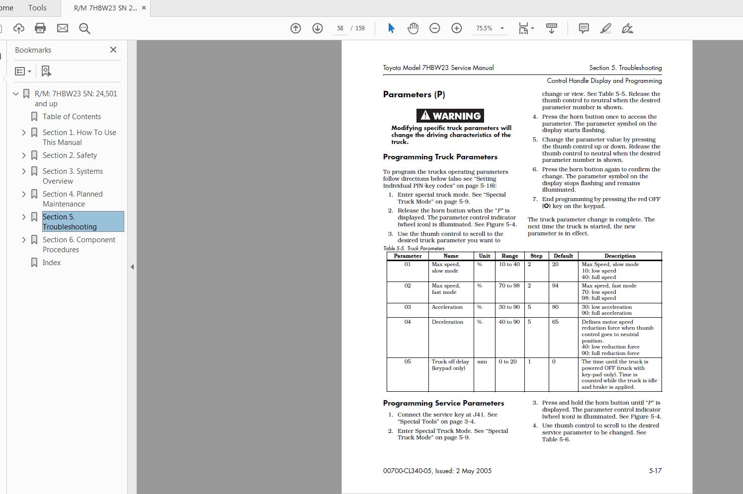 Toyota Powered Pallet Walkie 7HBW23 SN 24501 and up Repair Manual CL340 05 3