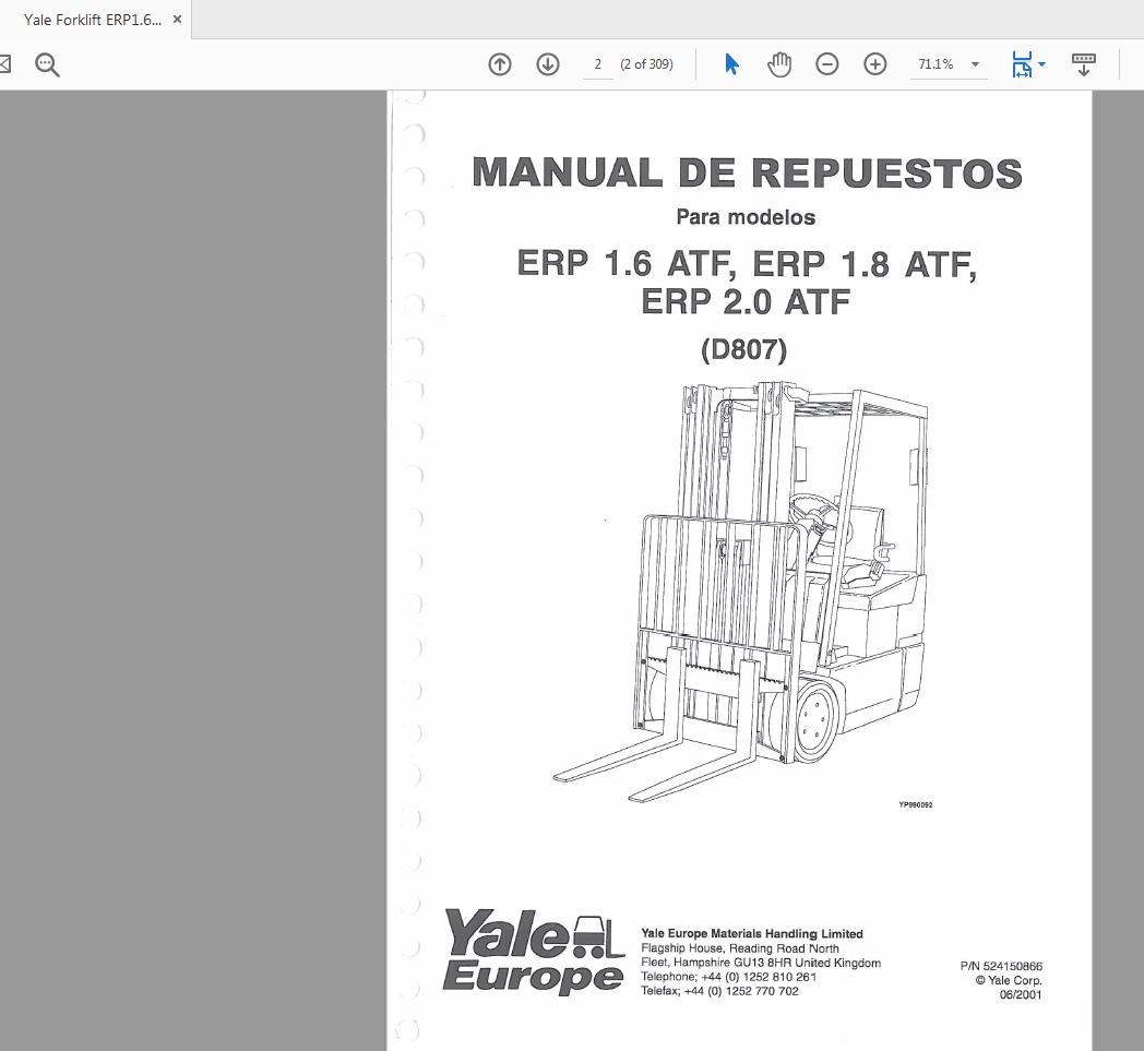 Yale Forklift ERP1.6 1.8 2.0 ATF D807 524150866 Parts Manual06 2001 1