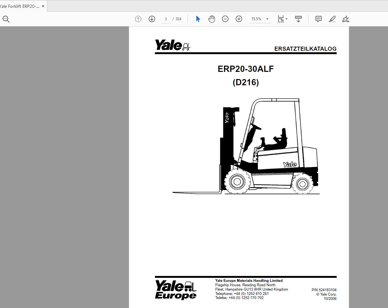 Yale Forklift ERP20 30ALF D216 524183104 Parts Catalog10 2006 1