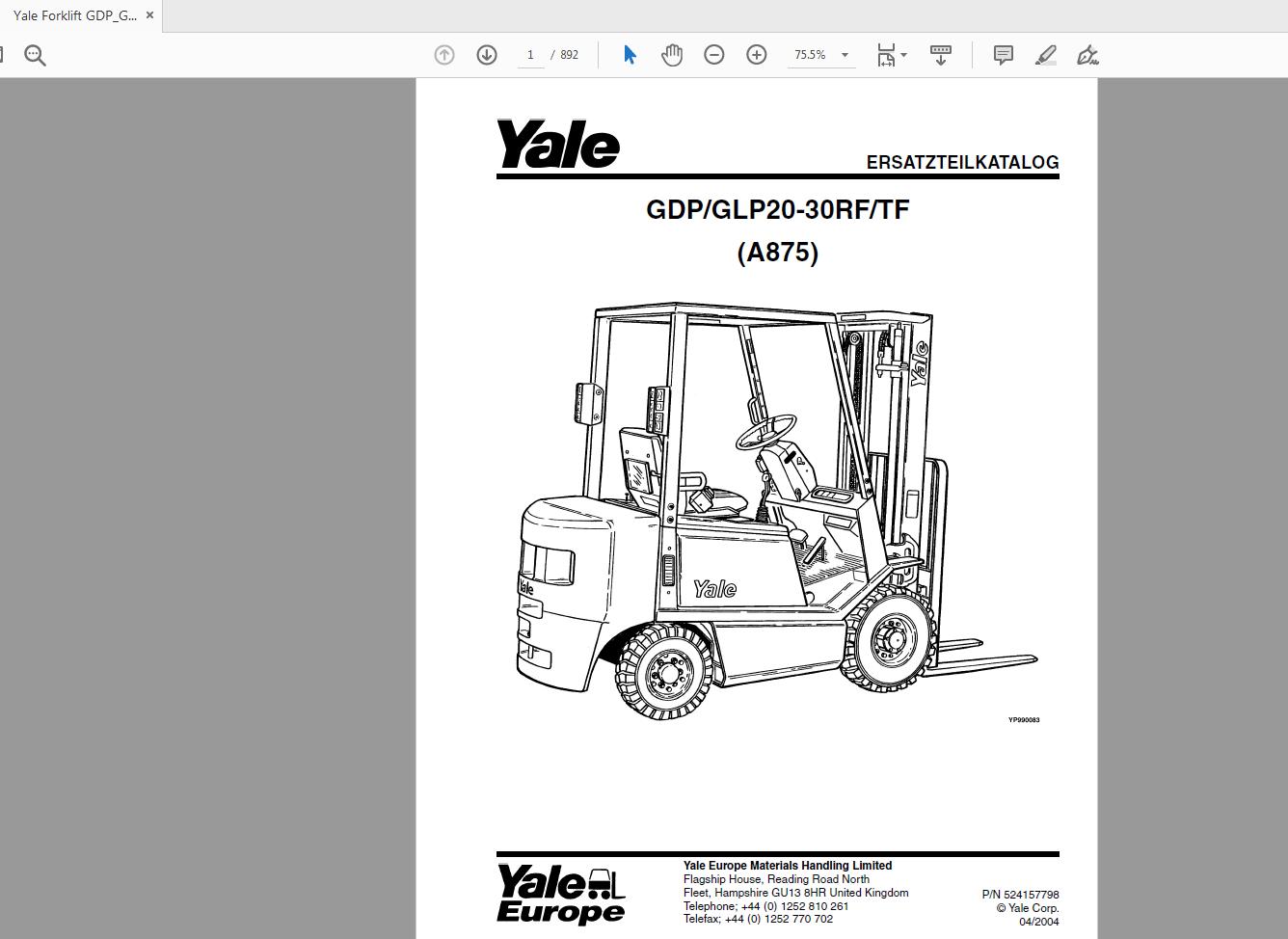 Yale Forklift GDP GLP20 30RF TF A875 524157798 Parts Catalog04 2004 1