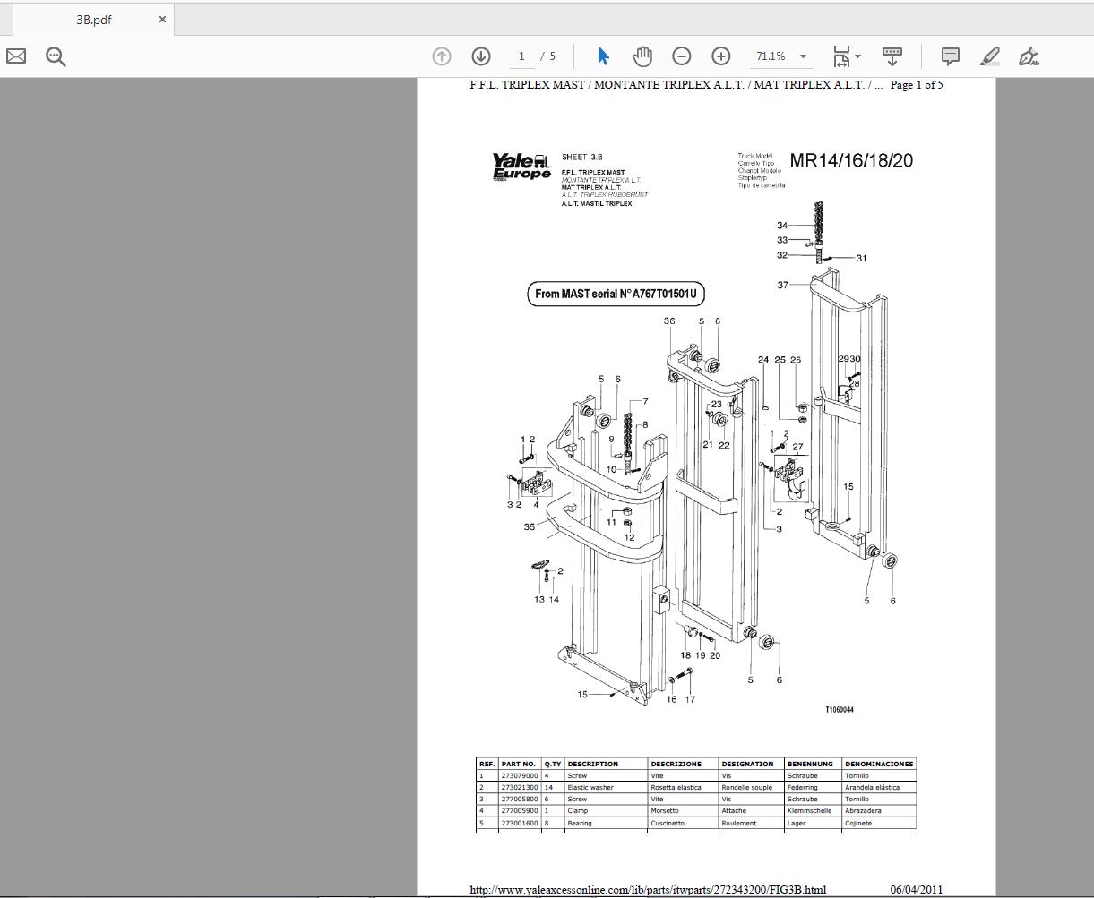 Yale Forklift MR14 16 18 20 B439T 272343200 Parts Catalog04 2011 3