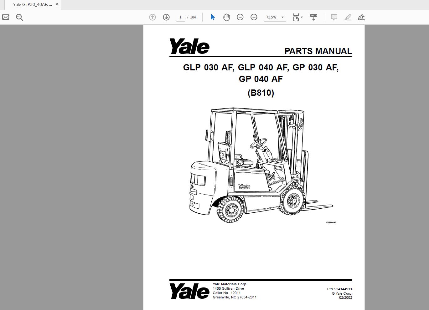 Yale GLP30 40AF GP30 40 AF B810 524144911 Parts Manual02 2002 1