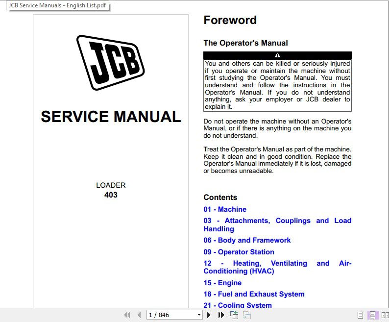 JCB Wheeled Loader 403 Kubota engine Sevice Manual 1
