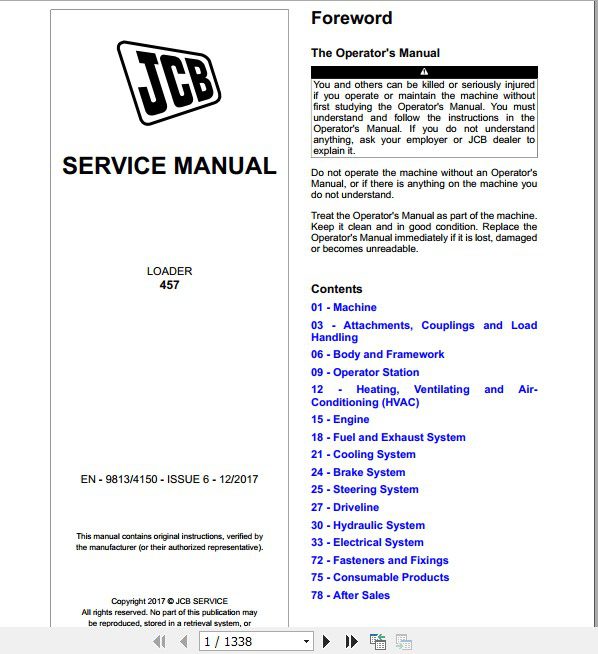 JCB Wheeled Loader 457 Tier 4F Sevice Manual 1