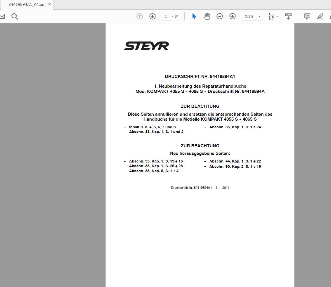 Steyr Kompakt 4055S4065S Tractor Service Manual 84419894A1 1