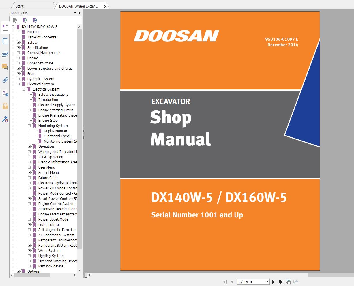 DOOSAN Wheel Excavator Model DX140 DX160W 5 Dec 2014 Shop Manual 1