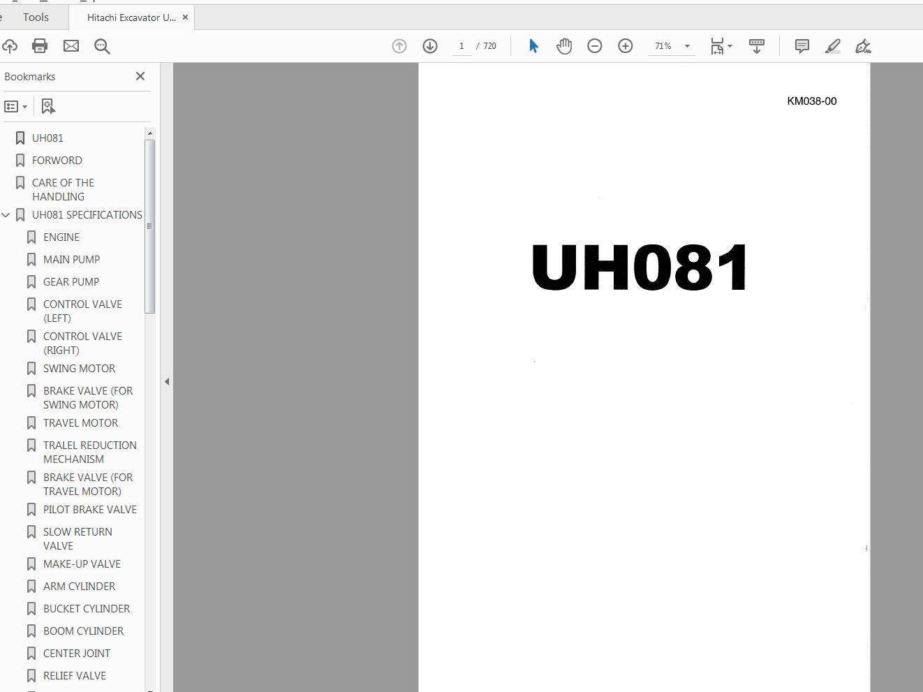 Hitachi Excavator UH081 Service Manual KM038 00 1