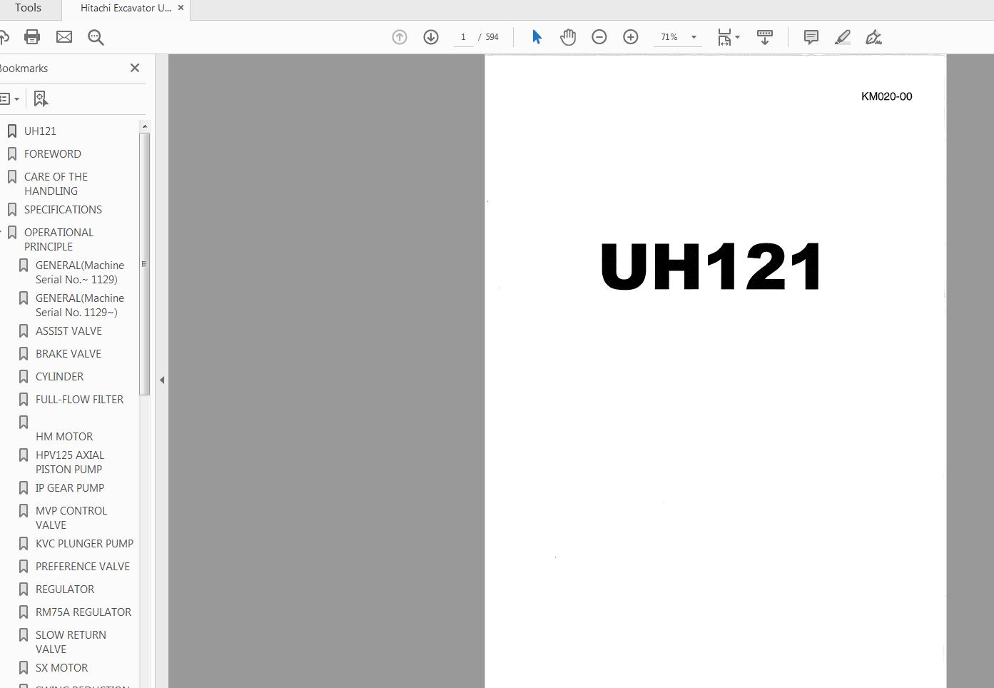 Hitachi Excavator UH121 Service Manual KM020 00 1