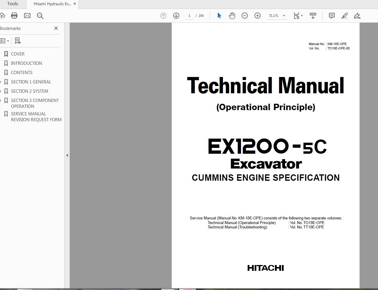 Hitachi Hydraulic Excavator EX1200 5C Technical Manual TO18E OPE 00 1