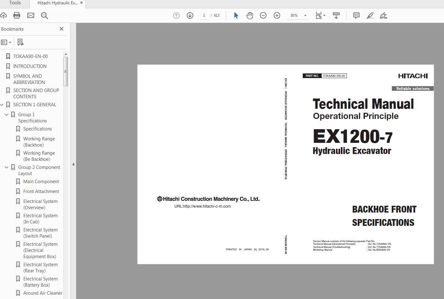 Hitachi Hydraulic Excavator EX1200 7 Technical Manual TOKAA90 EN 00 1