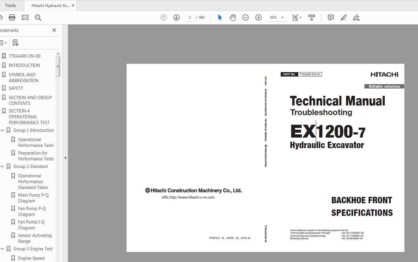 Hitachi Hydraulic Excavator EX1200 7 Technical Manual TTKAA90 EN 00 1