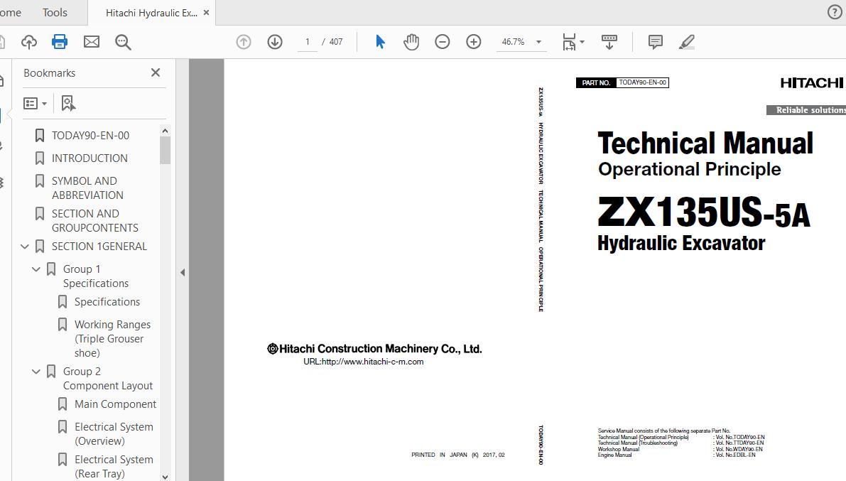Hitachi Hydraulic Excavator ZX135US 5A TODAY90 EN 00 Technical Manual 1 1