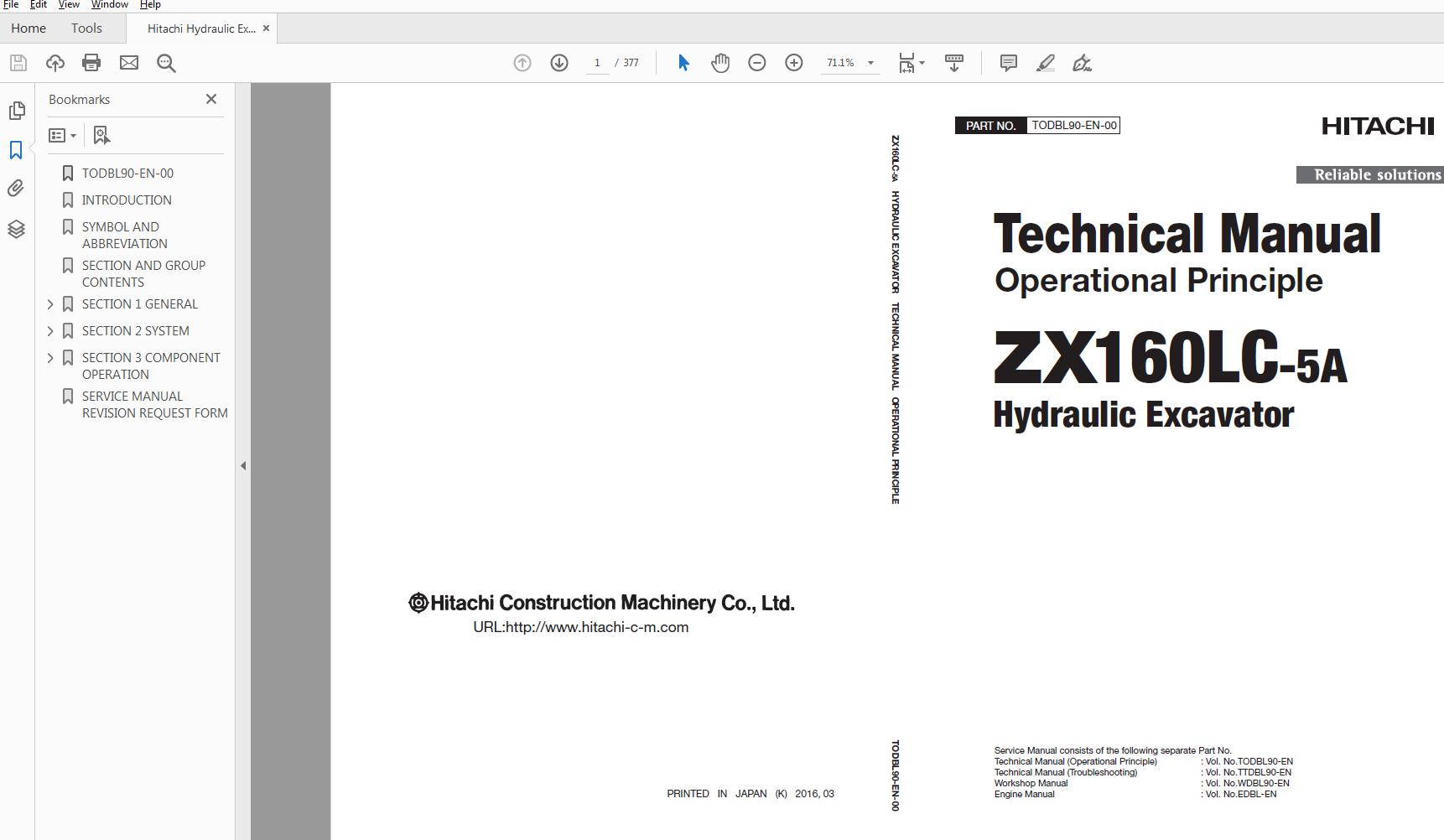 Hitachi Hydraulic Excavator ZX160LC 5A TODBL90 EN 00 Technical Manual20170426 1