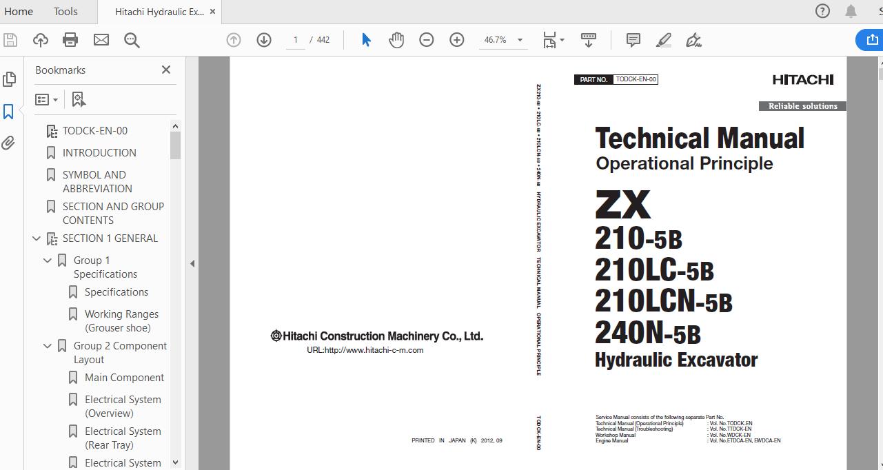 Hitachi Hydraulic Excavator ZX210210LCLCN240N 5B TODCK EN 00 Technical Manual20160106 1
