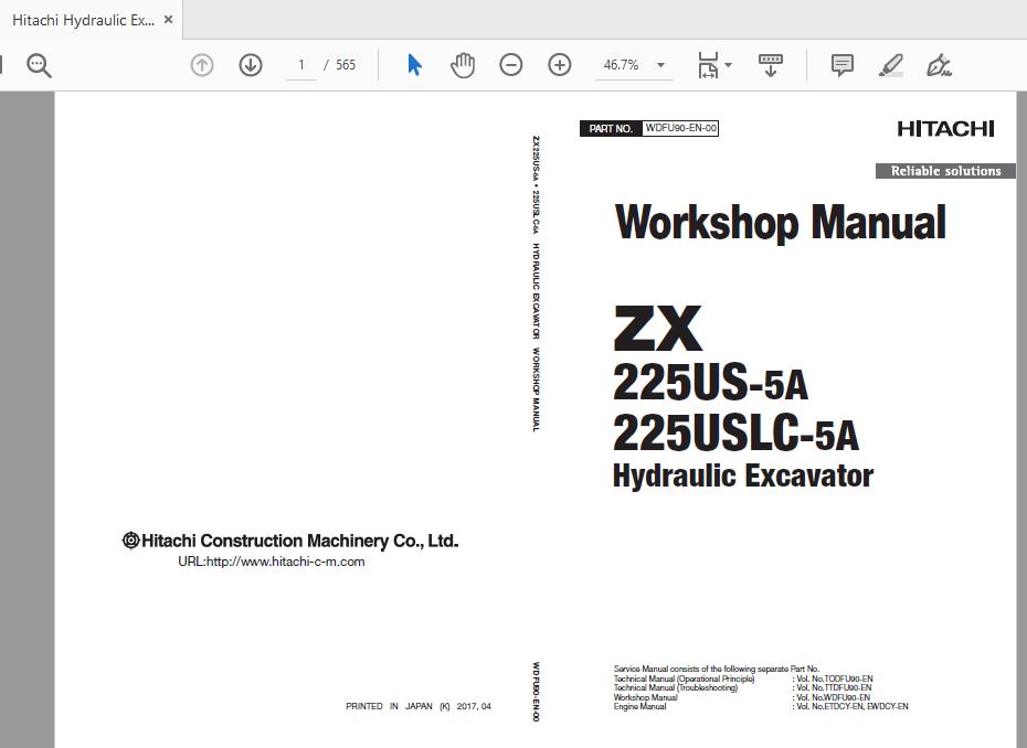 Hitachi Hydraulic Excavator ZX225US225USLC 5A WDFU90 EN 00 Workshop Manual 1