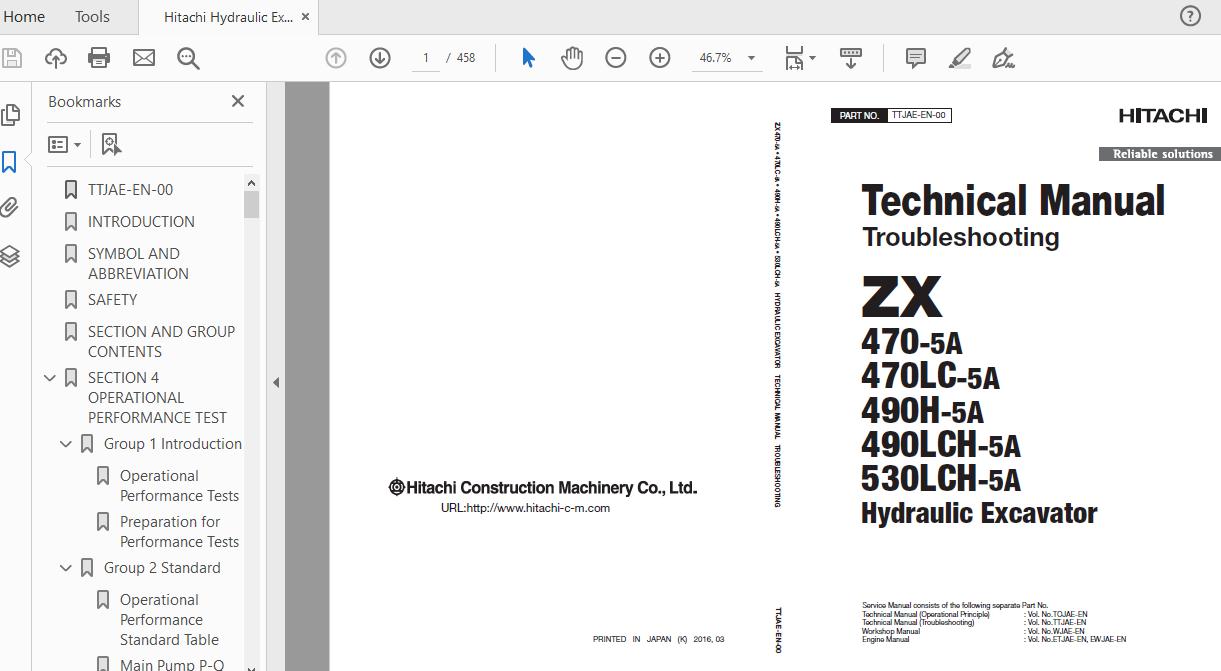 Hitachi Hydraulic Excavator ZX470470LC490HLCH530LCH 5A TTJAE EN 00 Technical ManualTroubleshooting 1