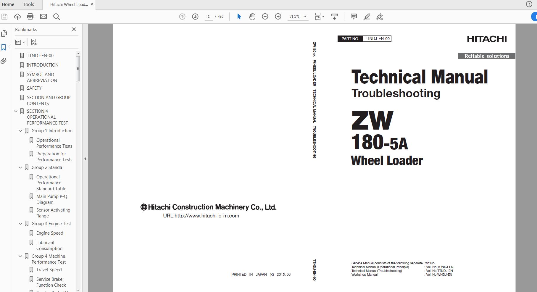 Hitachi Wheel Loader ZW180 5A Technical Manual Workshop Manual 1